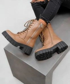 DMF REACT Lace Up Biker Ankle Boots - Tan PU 6 DMF REACT Lace Up Biker Ankle Boots - Tan PU