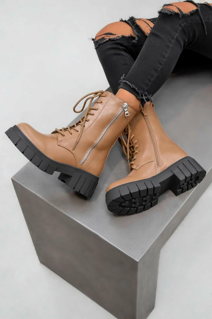 DMF REACT Lace Up Biker Ankle Boots - Tan PU 4 DMF REACT Lace Up Biker Ankle Boots - Tan PU