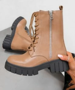 DMF REACT Lace Up Biker Ankle Boots - Tan PU