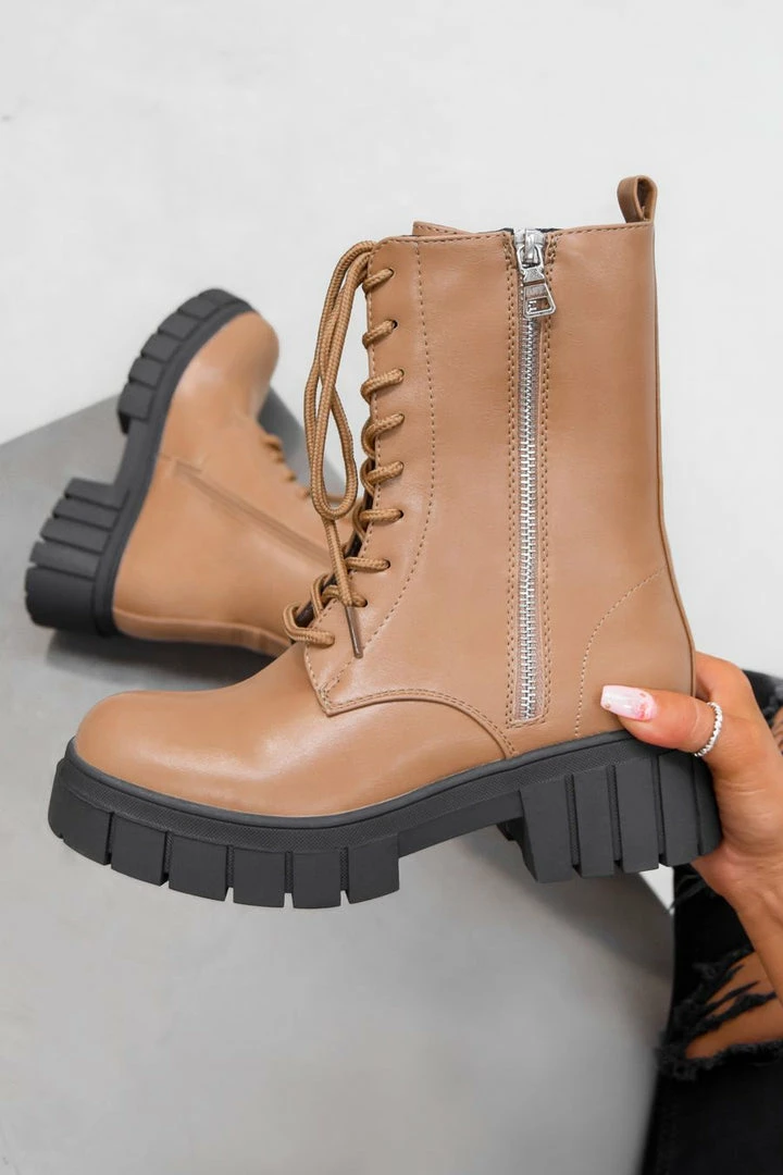 DMF REACT Lace Up Biker Ankle Boots - Tan PU 3 DMF REACT Lace Up Biker Ankle Boots - Tan PU