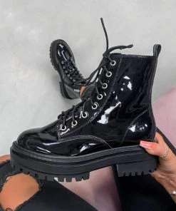 NDS REAKTOR Chunky Platform Ankle Boots - Black Patent SHOES