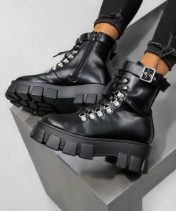 CIT SHOES REASON Super Chunky Buckle Ankle Boots - Black PU