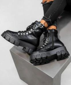 CIT SHOES REASON Super Chunky Buckle Ankle Boots - Black PU