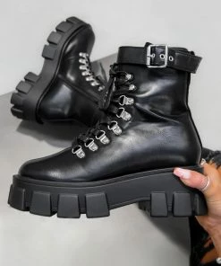 CIT SHOES REASON Super Chunky Buckle Ankle Boots - Black PU