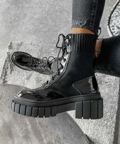NDS RELOAD Chunky Platform Sock Fit Ankle Boots - Black Patent
