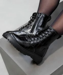 LIV SHOES REMI Chunky Ankle Boots - Black Croc