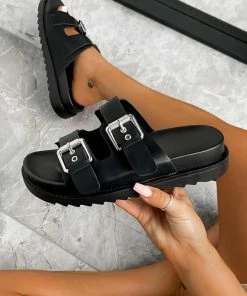 DMF RICCO Buckle Slider Sandals - Black SHOES