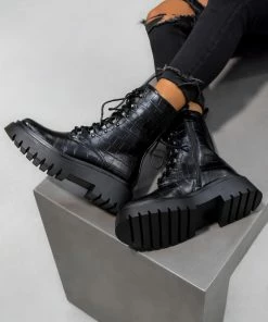 DMF RICCO Chunky Ankle Boots - Black Croc SHOES