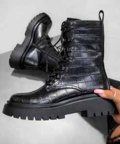 DMF RICCO Chunky Ankle Boots - Black Croc SHOES