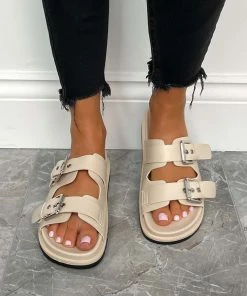 DMF RICCO Buckle Slider Sandals - Beige SHOES