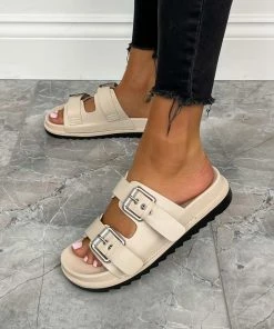 DMF RICCO Buckle Slider Sandals - Beige SHOES