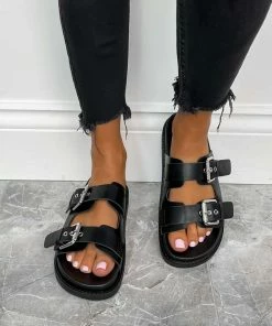 DMF RICCO Buckle Slider Sandals - Black SHOES