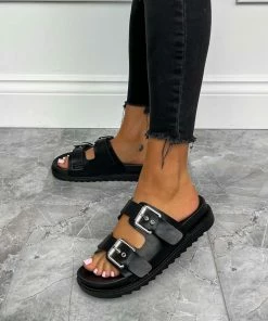 DMF RICCO Buckle Slider Sandals - Black SHOES