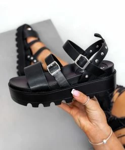 ELG SHOES RISE UP Chunky Cleated Platform Buckle Sandals - Black