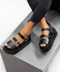 ELG SHOES RISE UP Chunky Cleated Platform Buckle Sandals - Black