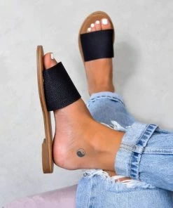 LIV SHOES ROCHELLE Textured Strap Sliders - Black