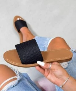 LIV SHOES ROCHELLE Textured Strap Sliders - Black