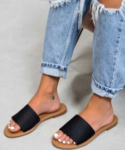 LIV SHOES ROCHELLE Textured Strap Sliders - Black