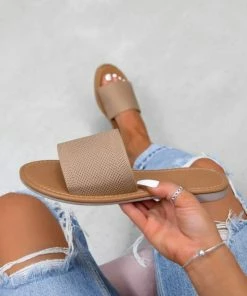 LIV ROCHELLE Textured Strap Sliders - Mocha SHOES