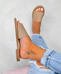 LIV ROCHELLE Textured Strap Sliders - Mocha SHOES