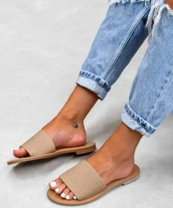 LIV ROCHELLE Textured Strap Sliders - Mocha SHOES