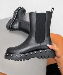 CIT SHOES ROMA Platform Mid Studded Chelsea Boots - Black PU