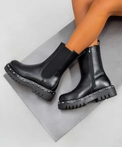 CIT SHOES ROMA Platform Mid Studded Chelsea Boots - Black PU