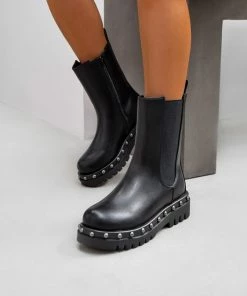 CIT SHOES ROMA Platform Mid Studded Chelsea Boots - Black PU