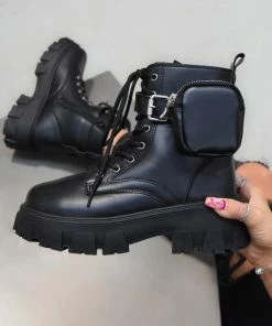 LIV ROMY Chunky Sole Pocket Ankle Boots - Black PU