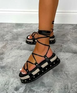 NDS ROXI Flatform Lace Up Sandals - Black SHOES