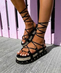 NDS ROXI Flatform Lace Up Sandals - Black SHOES