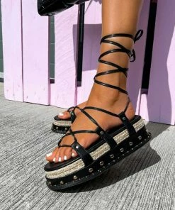 NDS ROXI Flatform Lace Up Sandals - Black SHOES