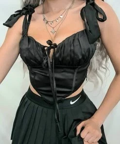 AJ Voyage Tops CLOTHING Ruched Cup Tie Strap Satin Crop Top - Black