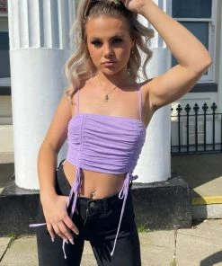 AJ Voyage Tops Ruched Mesh Strappy Top - Lilac