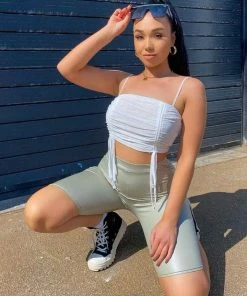 AJ Voyage Tops CLOTHING Ruched Mesh Strappy Top - White