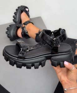 NDS SAINT Velcro Chunky Sandals - Black Croc SHOES