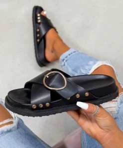 AJ Voyage Footwear SAN AN Chunky Ring Detail Sandals - Black SHOES