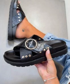 LIV SAN AN Chunky Ring Detail Sandals - Black Croc