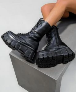 NDS SAVAGE Super Chunky Platform Mid Boots - Black PU