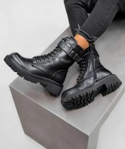 DMF SHOES SELENE Lace Up Ankle Biker Boots - Black PU