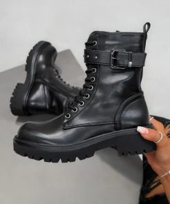 DMF SHOES SELENE Lace Up Ankle Biker Boots - Black PU