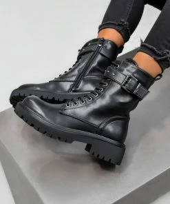 DMF SHOES SELENE Lace Up Ankle Biker Boots - Black PU