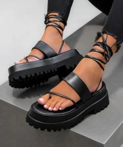 DMF SHOES SHANIA Toe Post Chunky Sandals - Black PU