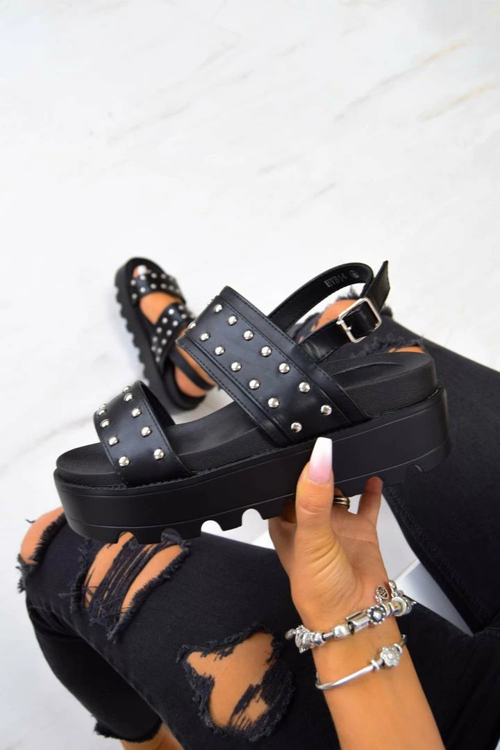 ELG SHOW ME Chunky Cleated Platform Studded Sandals - Black SHOES