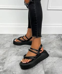 ELG STEFFI Chunky Toe Post Sandals - Black PU SHOES