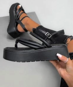 ELG STEFFI Chunky Toe Post Sandals - Black PU SHOES