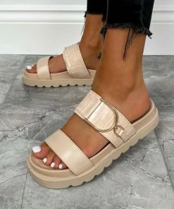 CIT STEP IT Chunky Slider Sandals - Beige Croc