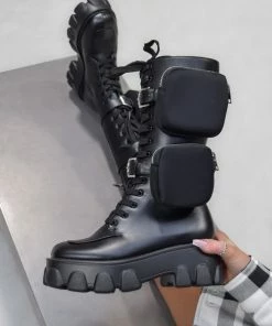 CIT STEP UP Lace Up Pocket Chunky Mid Boots - Black PU SHOES