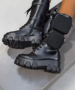 CIT STEP UP Lace Up Pocket Chunky Mid Boots - Black PU SHOES