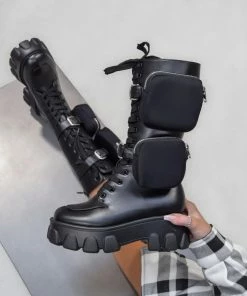 CIT STEP UP Lace Up Pocket Chunky Mid Boots - Black PU SHOES